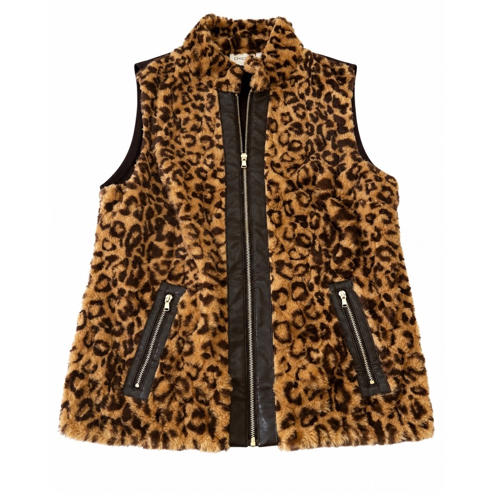 Chicos Leopard Faux Fur Vest Brown Tan Zip Front Knit Back Womens Size 1